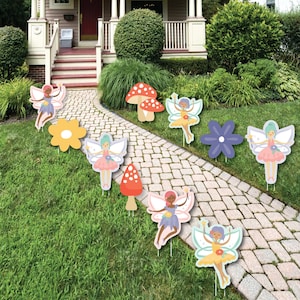 Seamos hadas: decoraciones de césped con flores y hongos: decoraciones de jardín de hadas para fiestas de cumpleaños al aire libre: 10 piezas