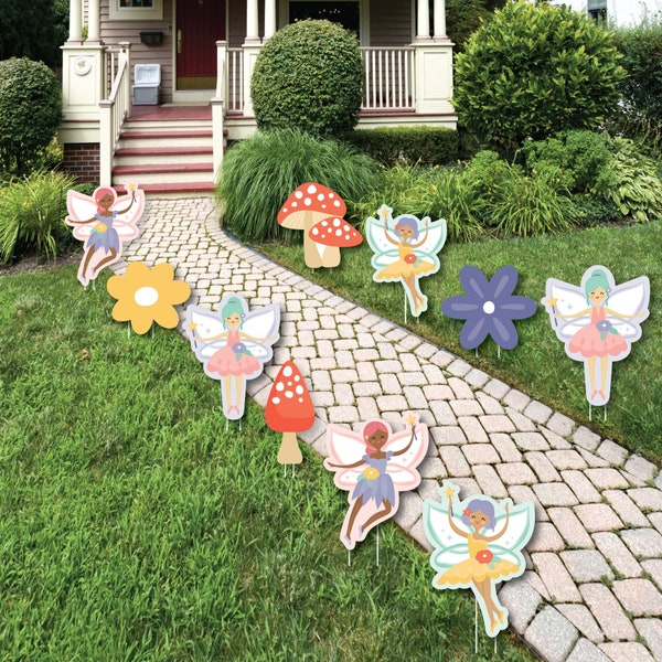 Let’s Be Fairies - Flowers and Mushrooms Lawn Decorations - Outdoor Fairy Garden Birthday Party Yard Decorations - 10 Piece