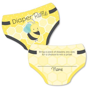 May include: Yellow and black diaper raffle ticket with a cartoon bee and honeycomb pattern. The text reads "Diaper Raffle" and "Bring a pack of diapers, any size, for a chance to win a prize!" with a blank line for a name.