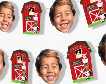 May include: A festive banner featuring smiling children's faces interspersed with red barn-shaped cutouts. Each barn cutout displays a stack of farm animals and the text "Oink! Cheep! Neigh! Moo!" on a green sign.