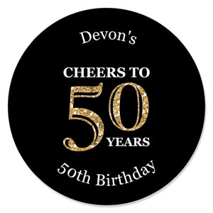 Custom Adult 50th Birthday - Gold - Personalized Birthday Party Circle Sticker Labels - 24 Count