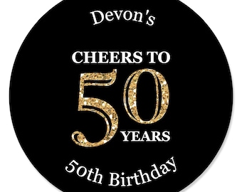 Custom Adult 50th Birthday - Gold - Personalized Birthday Party Circle Sticker Labels - 24 Count