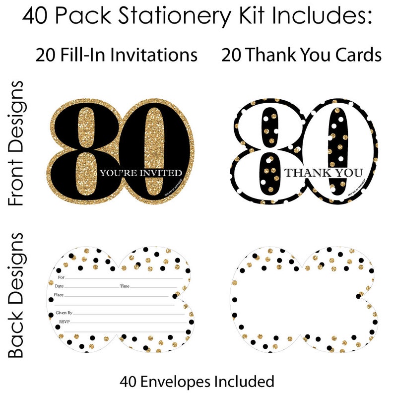 Adult 80th Birthday Gold 20 Shaped Fill-In Invitations and 20 Shaped Thank You Cards Kit Birthday Party Stationery Kit 40 Pack