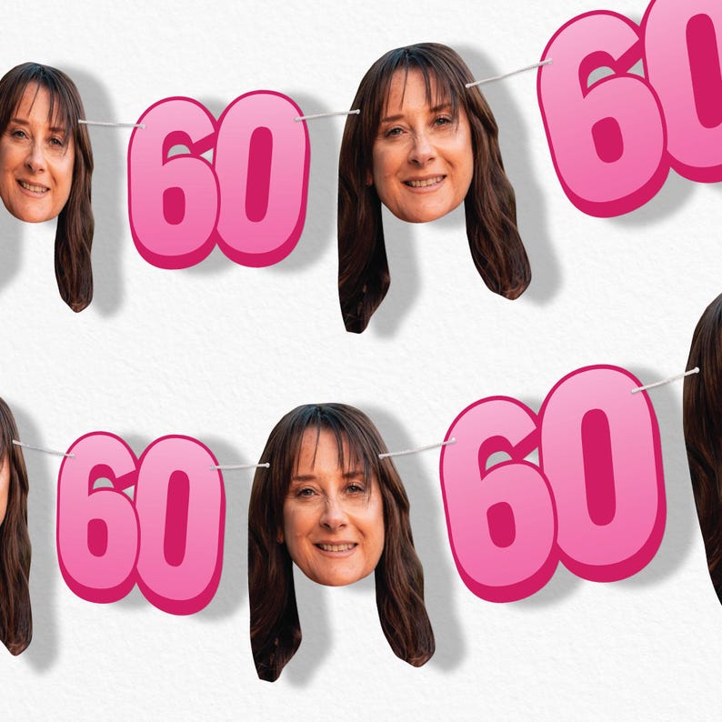 Custom 60th Birthday Face Cut Out Garland Banner, Personalized Adult Birthday Party Decor, 30 Ft of Cord, 5 Face Cutouts 5 Age 60 Shapes Pink