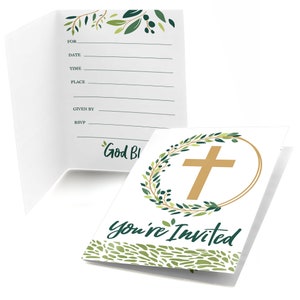 May include: A white card with a green leafy wreath and a gold cross inside. The text "God Bless You're Invited" is printed on the card.
