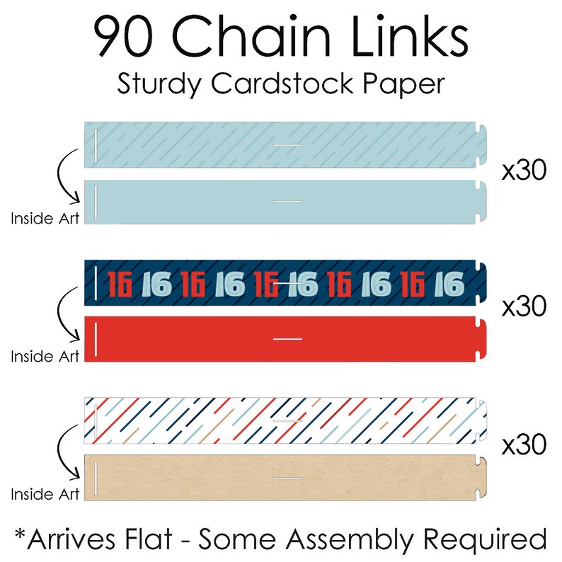 21 feet 90 Chain Links and 30 Paper Tassels Decoration Kit Boy 16th Birthday Sweet Sixteen Birthday Party Paper Chains Garland