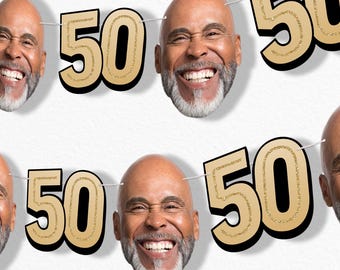 Custom 50th Birthday Face Cut Out Garland Banner, Personalized Adult Birthday Party Decor, 30 Ft of Cord, 5 Face Cutouts 5 Age 50 Shapes