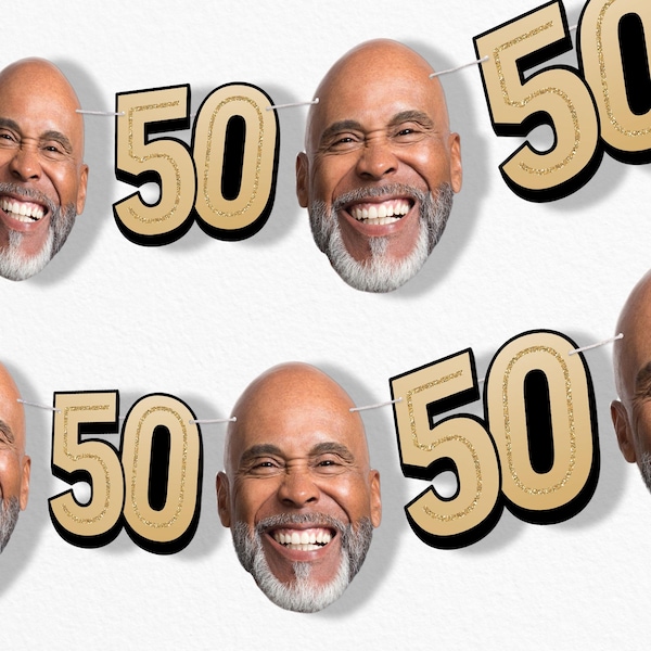 Custom 50th Birthday Face Cut Out Garland Banner, Personalized Adult Birthday Party Decor, 30 Ft of Cord, 5 Face Cutouts 5 Age 50 Shapes