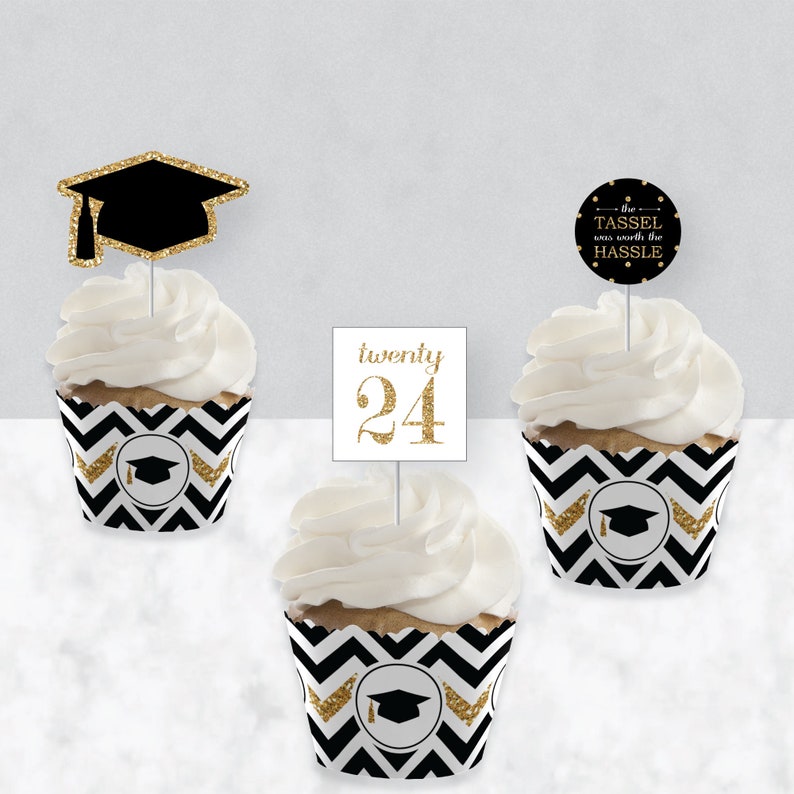 Tassel Worth The Hassle Gold Cupcake Decoration 2024 Graduation Party Cupcake Wrappers and Treat Picks Kit Set of 24 image 3