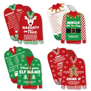 May include: A set of Christmas party game cards featuring festive sweaters with different themes. The cards include games like "Naughty or Nice", "What's Your Elf Name", "Mingle All The Way", and "Drink If".