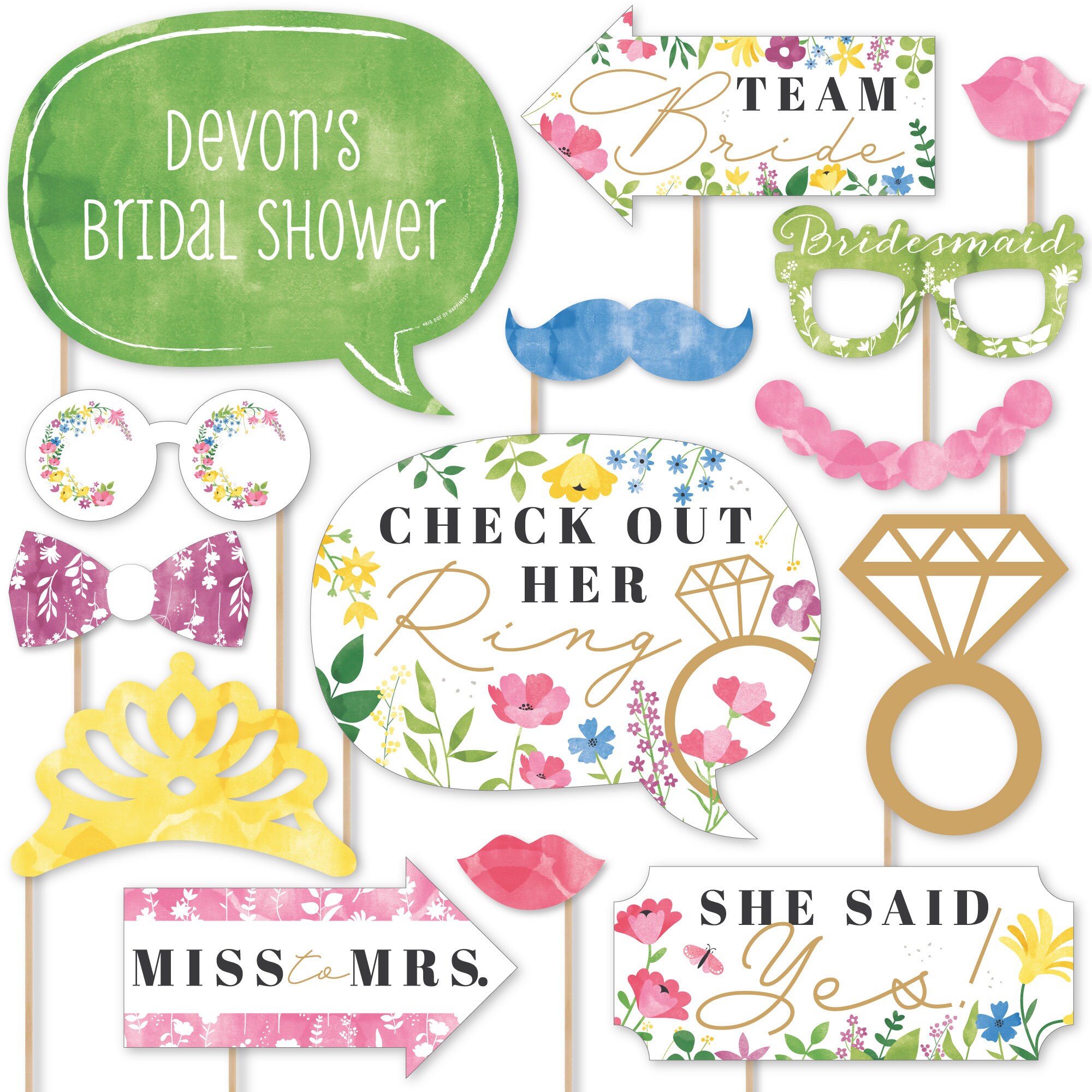 Wildflowers Bride Personalized Boho Floral Bridal Shower and Wedding Party Photo Booth Props Kit 20 Count