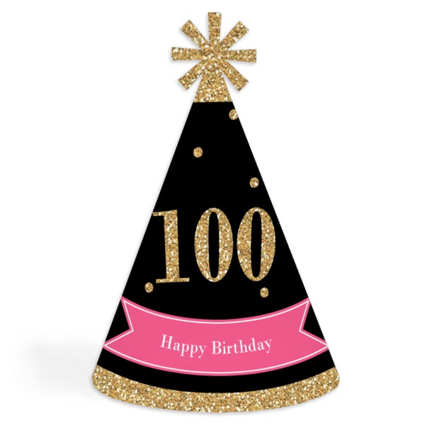 Chic 100th Birthday - Cone Happy Birthday Party Hats for Adults - Set of 8 (Standard Size)