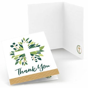 May include: Folded thank you card with a white cross surrounded by green leaves and the text "Thank You" on a brown and white plaid background.