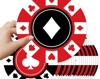 May include: A set of 10 black and red casino chip-shaped paper plates. Each plate features a white playing card suit symbol in the center. The suits are diamonds, hearts, clubs, and spades.