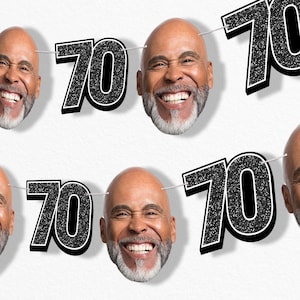 Custom 70th Birthday Face Cut Out Garland Banner, Personalized Adult Birthday Party Decor, 30 Ft of Cord, 5 Face Cutouts 5 Age 70 Shapes Black