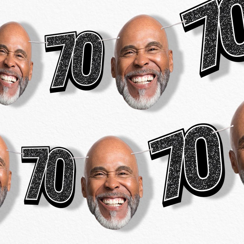 Custom 70th Birthday Face Cut Out Garland Banner, Personalized Adult Birthday Party Decor, 30 Ft of Cord, 5 Face Cutouts 5 Age 70 Shapes Black