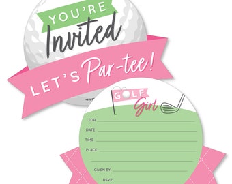 May include: Golf-themed invitation with a golf ball design. The invitation features the text "You're Invited" and "Let's Par-tee!" in black and pink. A smaller invitation card reads "Golf Girl" with space for event details.