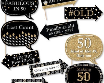 Funny Adult 50th Birthday - Gold - Birthday Party Photo Booth Props Kit - 10 Piece