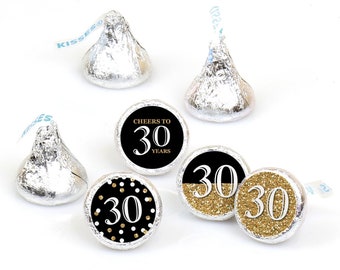 Adult 30th Birthday - Gold - Round Candy Sticker Party Favors - Labels Fit Chocolate Candy (1 sheet of 108)