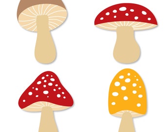 Op de afbeelding: Vier cartoon-paddenstoelen met verschillende gekleurde hoeden en witte stippen. De paddenstoelen zijn bruin, rood, rood en geel.