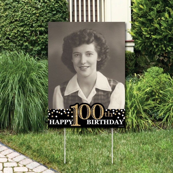 Custom Adult 100th Birthday - Gold Photo Yard Sign - Outdoor Lawn Photo Decorations - 100th Birthday Party Photo Decorations - Birthday...