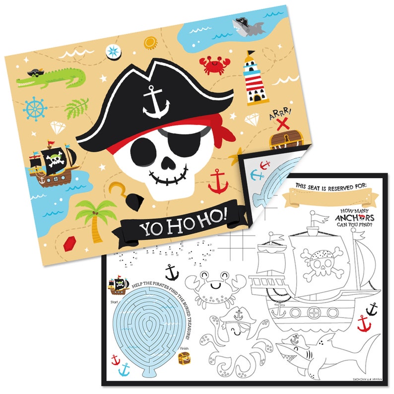 Pirate Ship Adventures Paper Skull Birthday Party Coloring Sheets Activity Placemats Set of 16 image 1