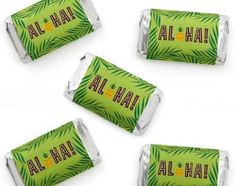 Tiki Luau Mini Candy Bar Wrappers - Tropical Hawaiian Summer Party Chocolate Miniature Candy Bar Labels - Aloha Beach Party - 40 Ct