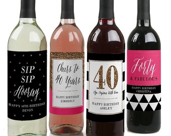 40th Birthday Wine Bottle Labels - Custom Chic 40th Birthday Wine Bottle Labels - Funny Personalized Wine Gift for Women - Set of 4 Labels