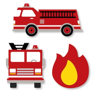May include: Two red fire trucks with black ladders and yellow headlights. One truck is facing forward and the other is facing to the side. There is a red flame with a yellow center.