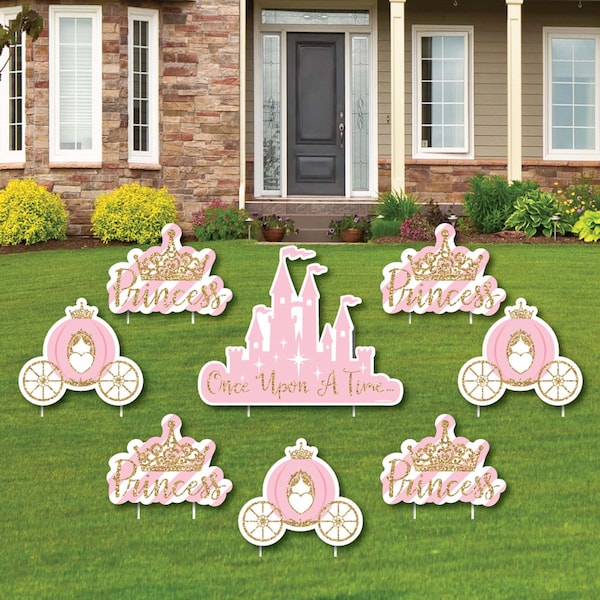 Little Princess Crown - Shaped Lawn Decorations - Pink and Gold Outdoor Yard Decorations - Princess Party Lawn Ornaments - Princess - 8 Pc