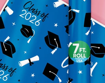 Blue Graduation Wrapping Paper, Class of 2026 Congrats Grad Party Gift Wrap Supplies, 24 in x 7 feet, 1 Roll