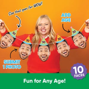 May include: A woman holding a string of face cutouts wearing party hats with the number 30. The image includes the text "Submit 1 Photo", "Add Age", "Fun for Any Age!", "10 Faces", and "Size that goes for WOW!" on an orange background.