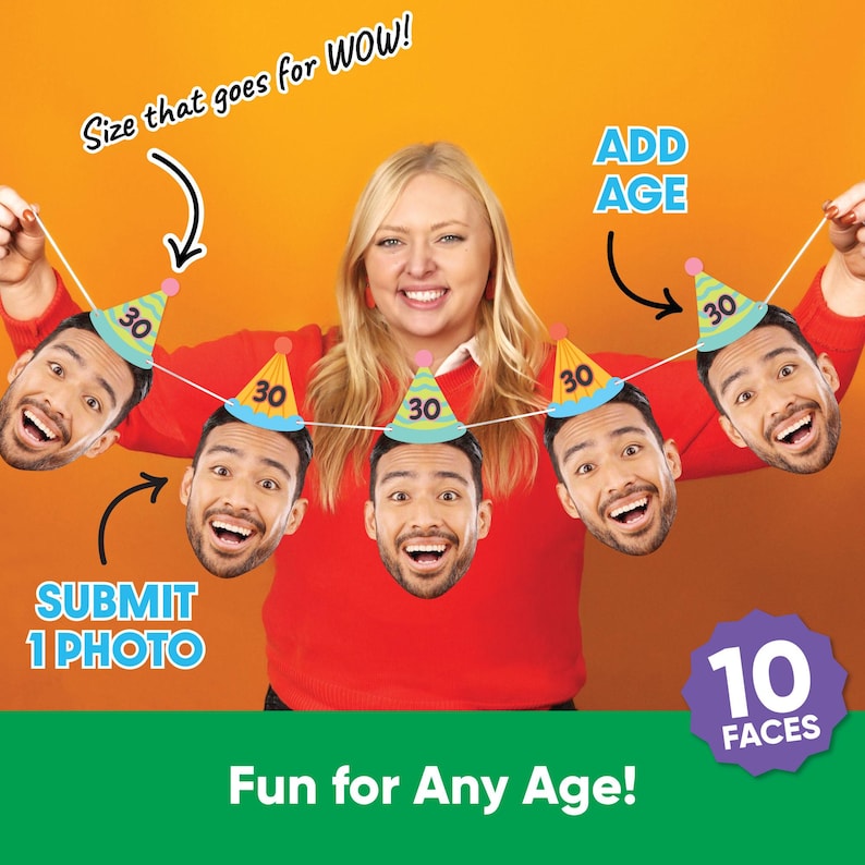 May include: A woman holding a string of face cutouts wearing party hats with the number 30. The image includes the text "Submit 1 Photo", "Add Age", "Fun for Any Age!", "10 Faces", and "Size that goes for WOW!" on an orange background.