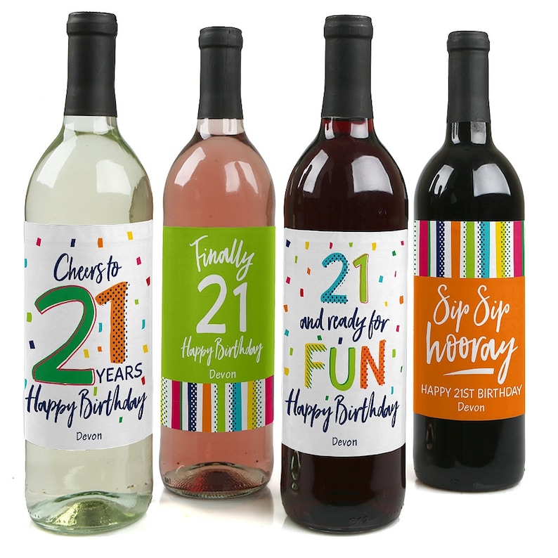 21st Birthday Set of 4 Sticker Labels Wine Gifts Cheerful Happy Birthday Colorful Birthday Party Decorations for Women and Men