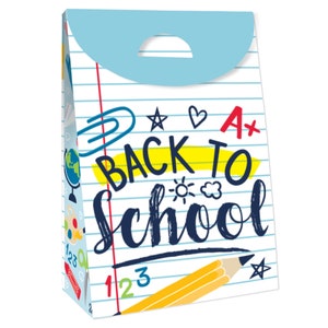 May include: A blue and white gift bag with a handle. The bag has a notebook paper design with the words "Back to School" written in black and yellow. There are various school-themed drawings on the bag, including a pencil, a star, a heart, a sun, a cloud, and a paperclip.
