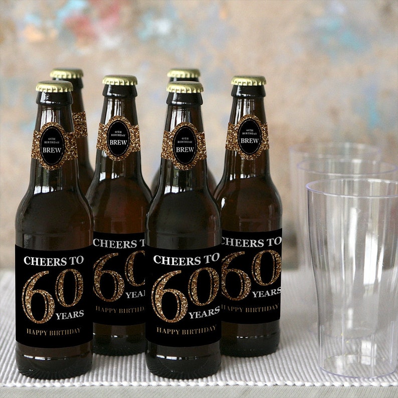 Adult 60th Birthday Gold Decorations for Women and Men 6 Beer Bottle Labels & 1 Carrier Birthday Gifts for Women and Men image 4