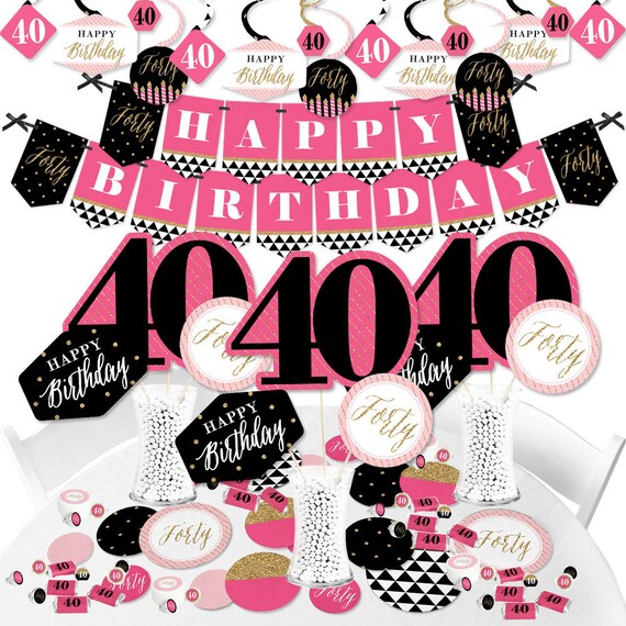 Chic 40th Birthday - Pink, Black and Gold - Birthday Party Supplies - Banner Decoration Kit - Fundle Bundle Il_570xn