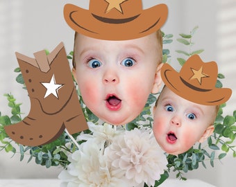 Custom Photo My First Rodeo - Little Cowboy 1st Birthday Party Centerpiece Sticks - Fun Face Table Toppers - Set of 15