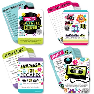 Through the Decades - 4 50s, 60s, 70s, 80s, and 90s Party Games - 10 Cards Each - Gamerific Bundle