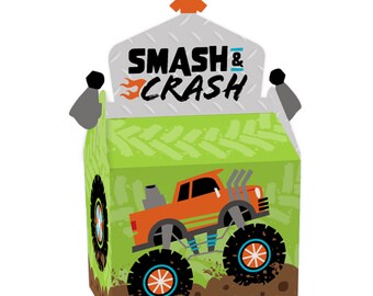 Smash and Crash - Monster Truck - Treat Box Party Favors - Boy Birthday Party Goodie Gable Boxes - Set of 12