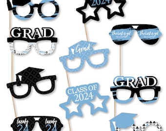 Light Blue Grad - Best is Yet to Come Glasses and Masks - Paper Card Stock 2024 Graduation Party Photo Booth Props Kit - 10 Count