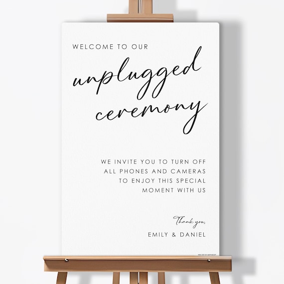 Personalized Unplugged Ceremony Wedding Sign, Add Custom Names, No Cell Phones or Devices Sign, Premium Matte Plastic Board