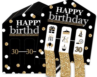 Adult 30th Birthday - Gold - Birthday Party Game Pickle Cards - Pull Tabs 3-in-a-Row - Set of 12