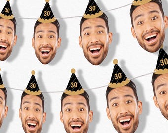 Custom Black & Gold Birthday Face Cut Out Garland Banner Personalized Birthday Age Custom Adult Birthday, 30 Feet of Cord, 10 Face Cut Outs