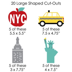 May include: A set of 20 large shaped cut-outs featuring New York City icons. The set includes 5 red apple cut-outs with "NYC" in white lettering, 5 yellow taxi cab cut-outs, 5 gray skyscraper cut-outs, and 5 green Statue of Liberty cut-outs. The cut-outs are approximately 5.5 x 5.5 inches, 7.5 x 4.75 inches, 3 x 7.75 inches, and 4 x 7.5 inches.