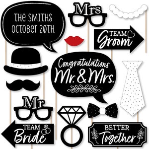 Mr. and Mrs. - Personalized Black and White Wedding or Bridal Shower Photo Booth Props Kit - 20 Count
