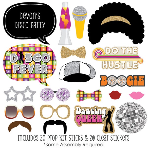 70's Disco Photo Booth Props -  70's Disco with Mustache, Hat, Bow Tie, Glasses and Custom Talk Bubble - Disco Prom Theme Party - 20 pc.