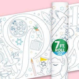May include: A white paper roll with a blue line drawing of Passover Seder plate, symbols, and text. The roll is labeled "7 FT. ROLL MADE IN THE USA". The design includes a carrot, matzah, and a candle.