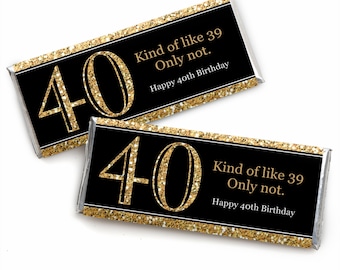 40th Birthday Candy Bar Wrappers - Adult 40th Birthday - Gold - Birthday Party Favors - Set of 24