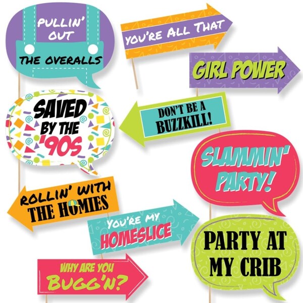 Funny 90's Throwback Party Photo Booth Props - 1990s Party Photo Booth Prop Kit - I Love the 90s Selfie Photo Props -  90s Prom Party -10 pc